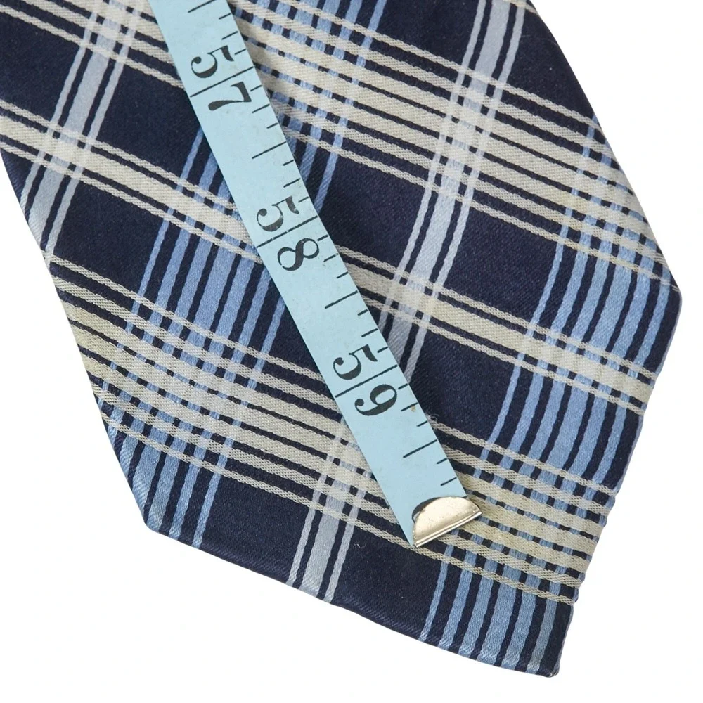 Sean John Men's 100% Silk Necktie Designer Plaid Navy/Light Blue/Silver‎ EUC